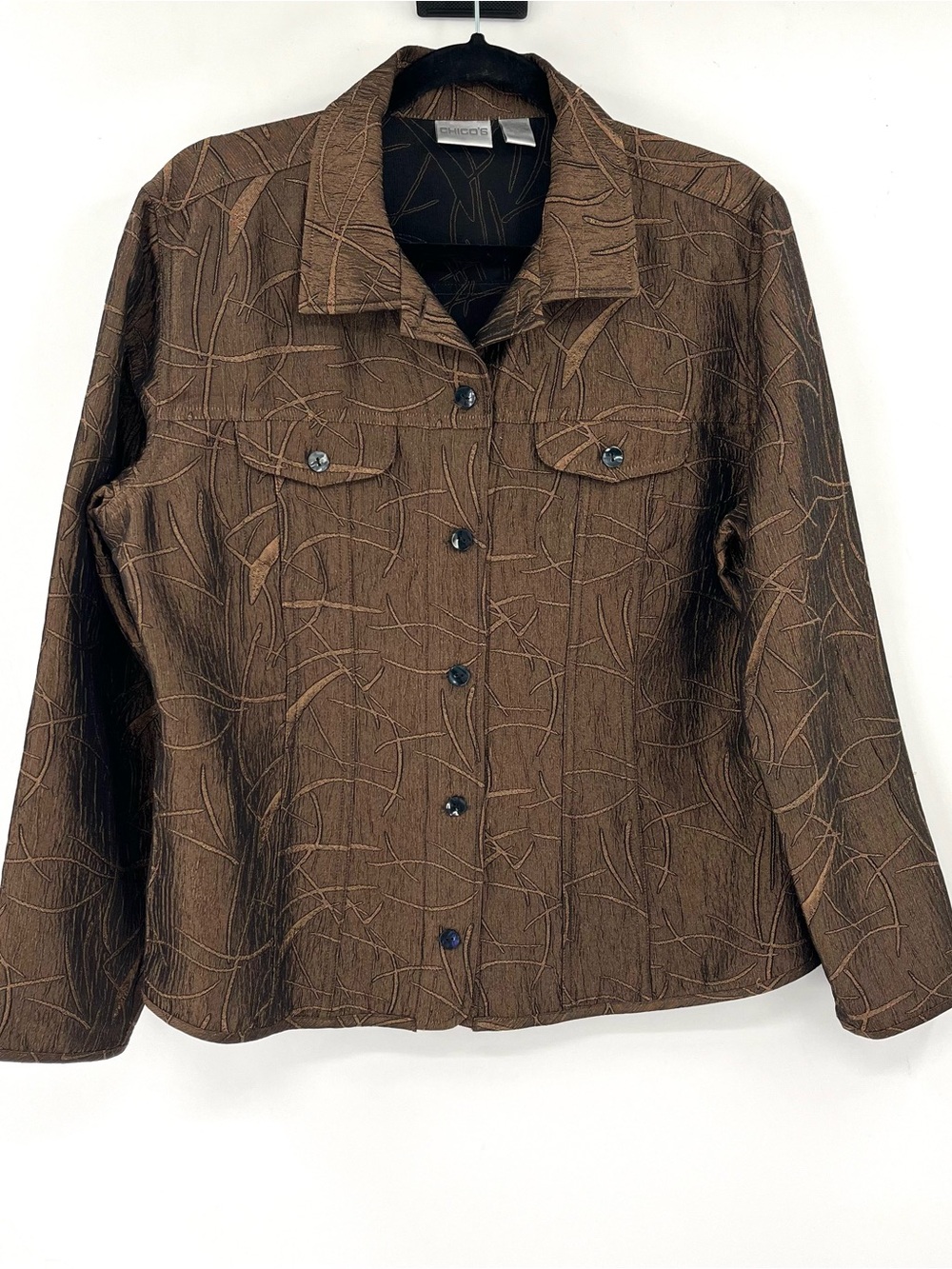 CHICO'S Long Sleeve Textured Brown Jacket Art to Wear Blazer Unique Artsy Layer